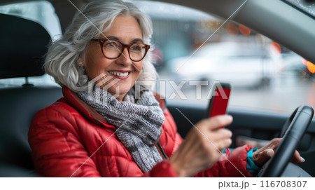 Senior woman driving car alone, holding smartphone and scrolling. Safe driving for elderly adults concept. High quality illustration 116708307