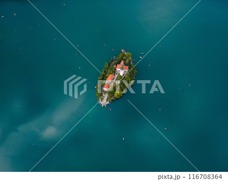 Drone shot flying. Slovenia. Lake Bled. Drone shot flying. Slovenia. Lake Bled. 116708364