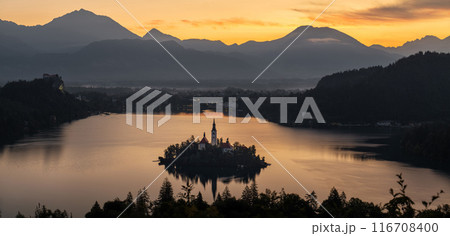 Panorama. Slovenia. Lake Bled. Sunrise. Panorama. Slovenia. Lake Bled. Sunrise. 116708400