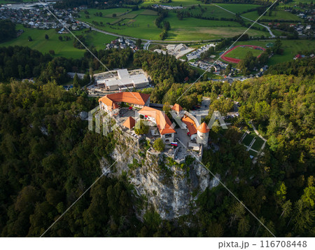 Drone shot flying. Slovenia. Bled Castle. Lake Bled.  116708448