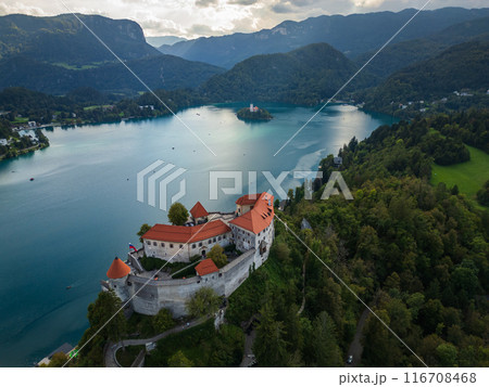 Drone shot flying. Slovenia. Bled Castle. Lake Bled. Drone shot flying. Slovenia. Bled Castle. Lake Bled. 116708468