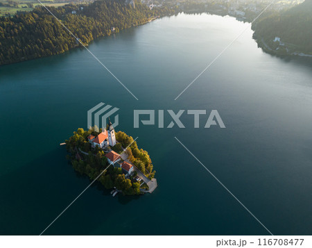 Drone shot flying. Slovenia. Lake Bled. Sunrise. 116708477