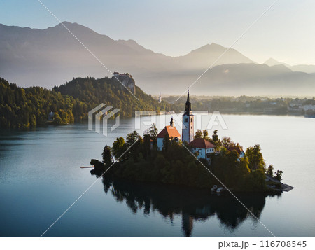 Drone shot flying. Slovenia. Lake Bled. Sunrise. 116708545