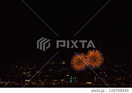 別府湾から見た別府の夜景と花火 116708930