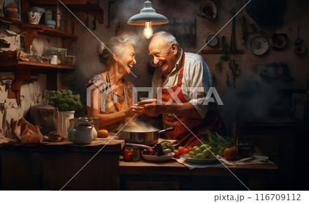 An elderly traditional couple shares a heartwarming moment in the kitchen as they joyfully prepare a flavorful meal together, embodying love, companionship, and culinary expertise passed down through 116709112