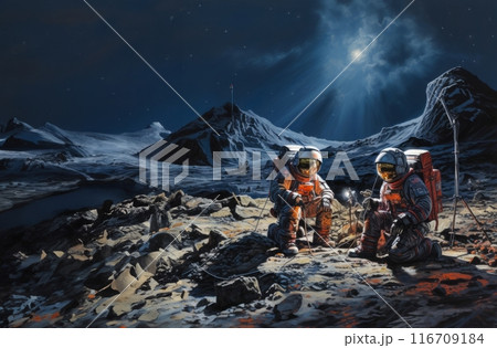 A group of modern astronauts is depicted exploring the hazardous surface of the moon in outer space, showcasing the daring mission of discovery and adventure in lunar exploration.Generated image A group of modern astronauts is depicted exploring the hazardous surface of the moon in outer space, showcasing the daring mission of discovery and adventure in lunar exploration.Generated image 116709184