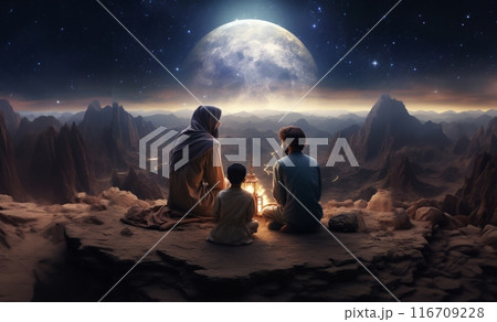A Muslim family in the ancient mountains of the Sahara gathers to welcome the breaking of the fast at iftar during Ramadan, embodying traditions of unity, compassion, and gratitude in a serene and A Muslim family in the ancient mountains of the Sahara gathers to welcome the breaking of the fast at iftar during Ramadan, embodying traditions of unity, compassion, and gratitude in a serene and 116709228