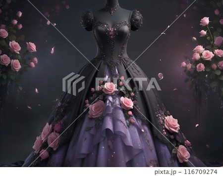 ゴシックドレス シンプル 黒と紫の薔薇 ゴシックドレス シンプル 黒と紫の薔薇 116709274