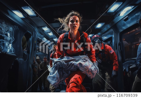 A woman firefighter leads a team of expert firefighters in handling dangerous fire situations, demonstrating leadership, courage, and effective coordination to ensure the safety and successful A woman firefighter leads a team of expert firefighters in handling dangerous fire situations, demonstrating leadership, courage, and effective coordination to ensure the safety and successful 116709339