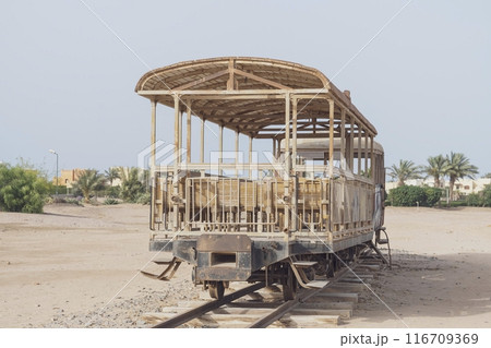 Abandoned vintage tramway carriage in the desert 116709369