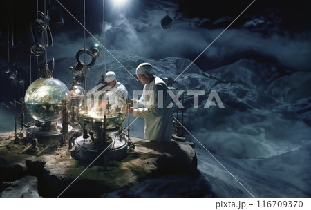 Astronomical team delves into the exploration of Mars, meticulously studying Martian terrain and conducting cosmic research within the confines of their laboratory, symbolizing the ongoing quest for 116709370