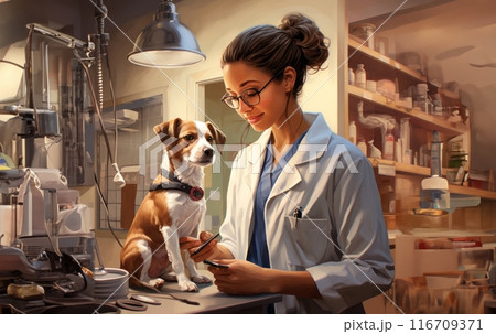 A modern veterinarian provides compassionate care to a beautiful dog in her clinic, offering expert medical assistance, comfort, and support to ensure the animal's health and well-being.Generated 116709371