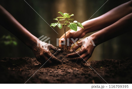 hands from a close-knit community come together to plant a young sapling, symbolizing collective growth, environmental stewardship, and the nurturing bond between people and nature.Generated image hands from a close-knit community come together to plant a young sapling, symbolizing collective growth, environmental stewardship, and the nurturing bond between people and nature.Generated image 116709395