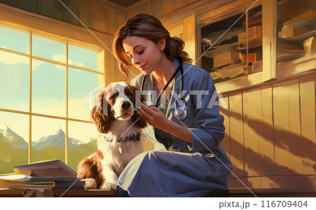 A modern veterinarian provides compassionate care to a beautiful dog in her clinic, offering expert medical assistance, comfort, and support to ensure the animal's health and well-being.Generated 116709404