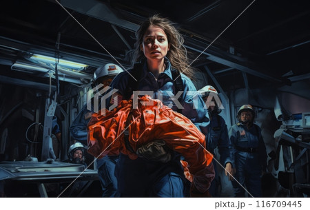 A woman firefighter leads a team of expert firefighters in handling dangerous fire situations, demonstrating leadership, courage, and effective coordination to ensure the safety and successful 116709445