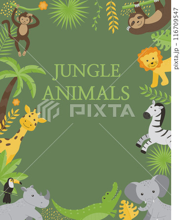 Poster of wild jungle animals - giraffe, elephant, zebra, rhinoceros, toucan, monkey, sloth, lion, crocodile. Flat vector illustrations for children. Poster of wild jungle animals - giraffe, elephant, zebra, rhinoceros, toucan, monkey, sloth, lion, crocodile. Flat vector illustrations for children. 116709547
