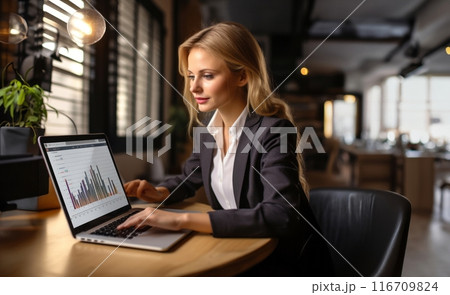 A professional businesswoman sits in a café, diligently working on her laptop amidst the ambient hustle and bustle.Generated image 116709824