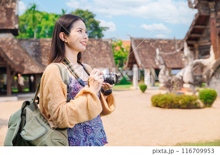Wat Ton Kwen, Beautiful Asian female Photographer Travel Temple in Chiangmai Province Northern of Thailand. Wat Ton Kwen, Beautiful Asian female Photographer Travel Temple in Chiangmai Province Northern of Thailand. 116709953