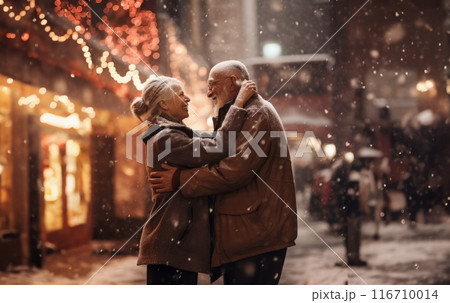 Elderly married couple revels in romantic embrace amidst the snowy streets of the city, capturing the magic of winter and the enduring warmth of their love during the festive season.Generated image 116710014