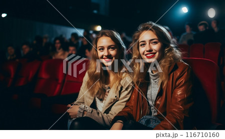 Two modern friends are seen sitting in a cinema, enjoying each other's company while delighting in the experience of watching a film together.Generated image 116710160