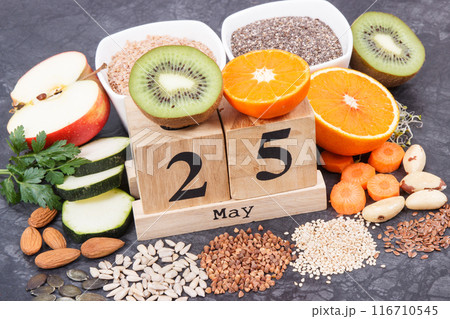 Cube calendar with date of World Thyroid Day and best food containing vitamins for healthy thyroid Cube calendar with date of World Thyroid Day and best food containing vitamins for healthy thyroid 116710545