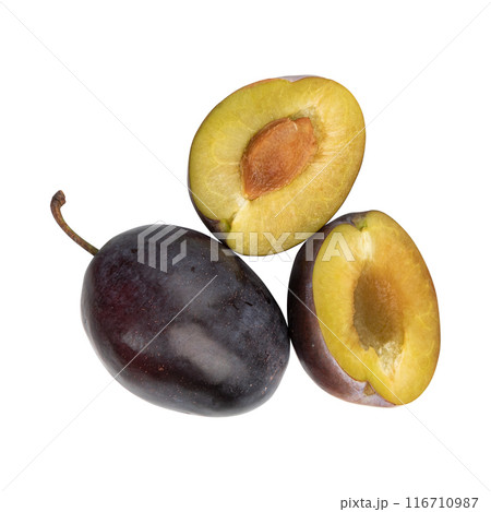 ripe plums isolated on white background, fruit in section 116710987