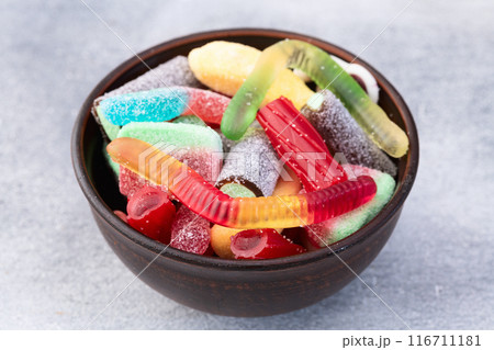 Mix of colorful gummy candies . Sweet dessert 116711181