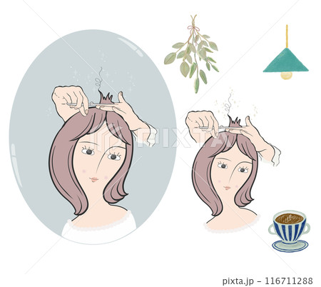 サロンでカットする女性・ハサミを持つ美容師の手・おもてなしのサロン空間 116711288