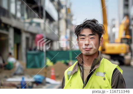 AI生成画像 工事現場で働く日本人の若い男性のポートレート AI生成画像 工事現場で働く日本人の若い男性のポートレート 116711346