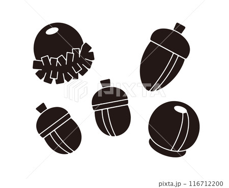 どんぐりとくぬぎのシルエットイラスト。秋のかわいい木の実の白黒のイラスト素材。 116712200