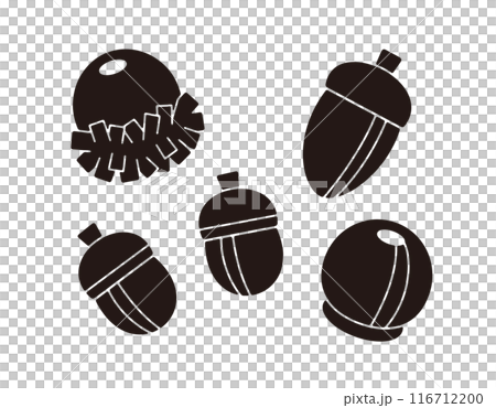 Silhouette illustration of an acorn and an oak tree. Black and white illustration of cute autumn nuts. 116712200