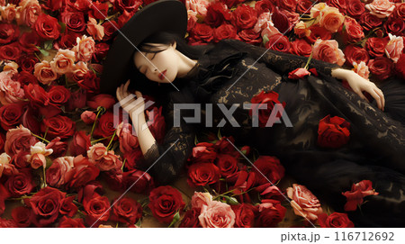 赤いバラに囲まれ眠る黒いドレスの女性のイラスト素材 ｜その他 