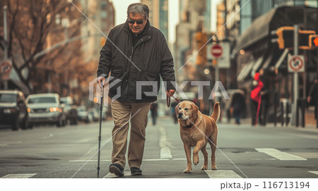 A blind man walks with a guide dog. The concept of independence and trust in navigating the world with the help of a service animal. Generative AI. A blind man walks with a guide dog. The concept of independence and trust in navigating the world with the help of a service animal. Generative AI. 116713194