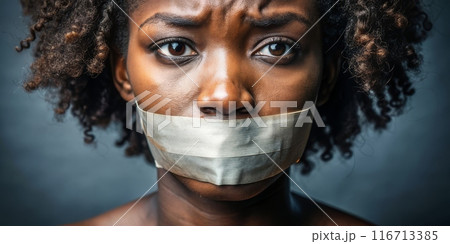 Tired tortured woman with her mouth taped shut 116713385
