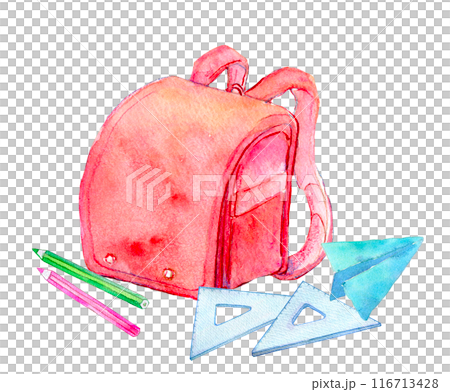 赤いランドセルと文房具　水彩イラスト 116713428