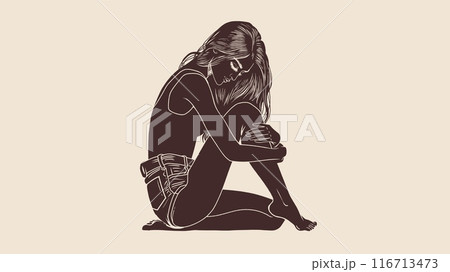 Illustrated Young Woman Sitting in Thoughtful Pose, Brown Silhouette on Beige Background Illustrated Young Woman Sitting in Thoughtful Pose, Brown Silhouette on Beige Background 116713473