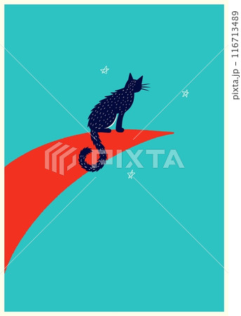 Midnight Blue Cat Perched on Crescent Moon with Stars - Whimsical Night Sky Illustration Midnight Blue Cat Perched on Crescent Moon with Stars - Whimsical Night Sky Illustration 116713489
