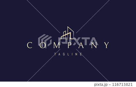 Vector golden logo with an abstract image of a modern building in a linear style. 116713821