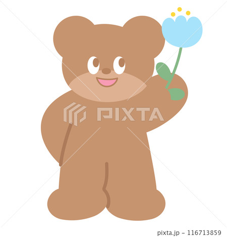 Illustration of teddy bear holding flowers for cartoon character, comic, mascot, animal, sticker, standee, Valentine card, cute patches, brooch, plush toy, kid doll, zoo, souvenir shop, spring, summer 116713859