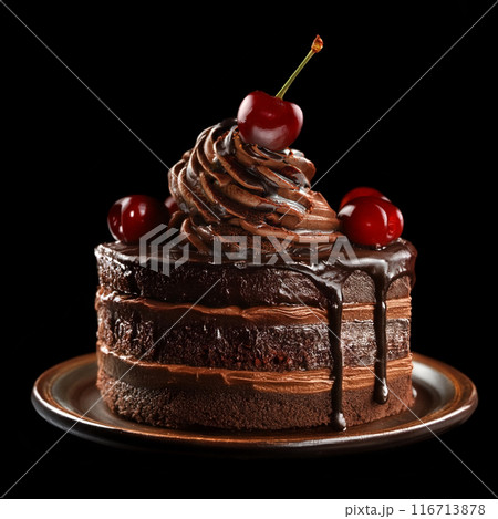 アメリカンチェリーを乗せた濃厚なチョコレートケーキ 黒背景の切り抜き アメリカンチェリーを乗せた濃厚なチョコレートケーキ 黒背景の切り抜き 116713878