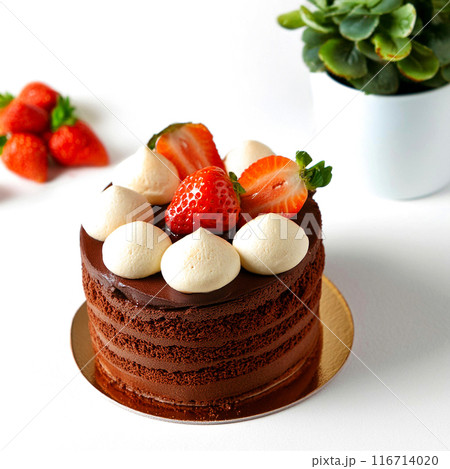 苺と生クリームをデコレーションした濃厚なチョコレートケーキ 116714020