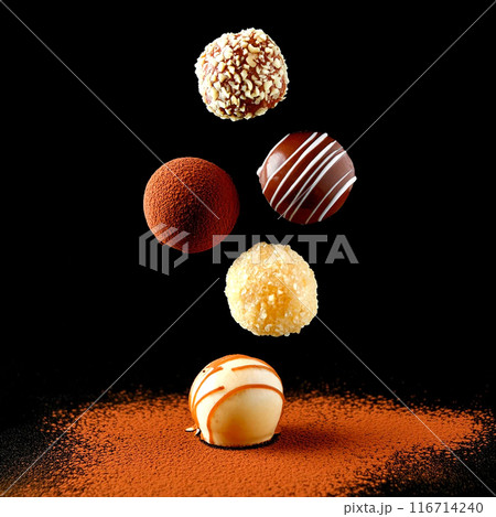 濃厚なチョコレートボンボンのアソート　黒背景の切り抜き 116714240