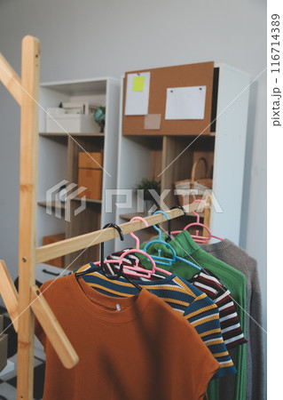 vlogger, blogger small SME business asian beautiful woman using mobile phone video call for sell clothes live stream selling online, show product present detail at home office, entrepreneur ecommerce 116714389