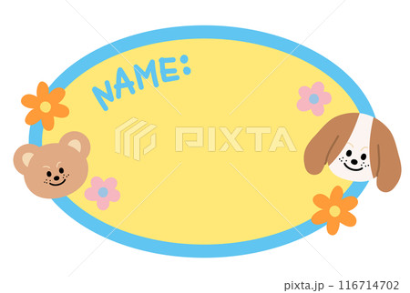 Cute puppy, bear, flowers on name tag for pet school, pet hotel, adopt and rescue pet, vet, pet shop, back to school, sticker, card, print, masking tape, decoration, memo, sticky note, animal, garden 116714702