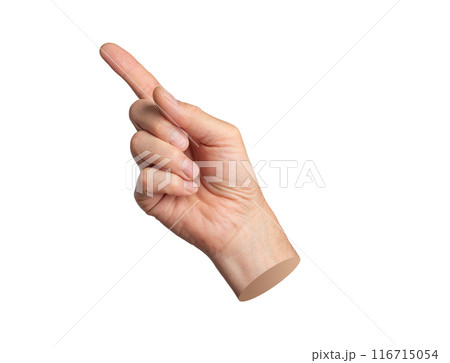 Finger pointing gesture. Index finger, pointer indicating, choose. Hand sign, isolated on white 116715054
