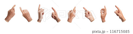 Index finger, pointer indicating, pointing to different sides, angles. Hand touching, reaching out, 116715085