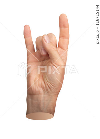 Rock fingers, horns, hand gesture, sign isolated on white background. Rock fingers, horns, hand gesture, sign isolated on white background. 116715144