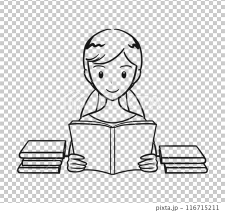 本を読むのが大好きな女の子のイラスト(線画) 本を読むのが大好きな女の子のイラスト(線画) 116715211