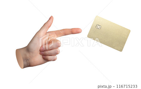 Hand, finger pointing, advertising golden bank credit card mock up levitating isolated on white Hand, finger pointing, advertising golden bank credit card mock up levitating isolated on white 116715233
