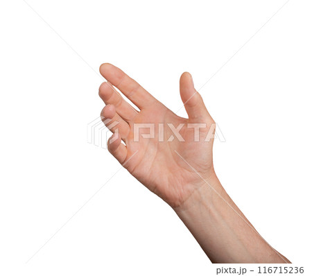 Hand holding, grabbing, showing, presenting something isolated on white background 116715236